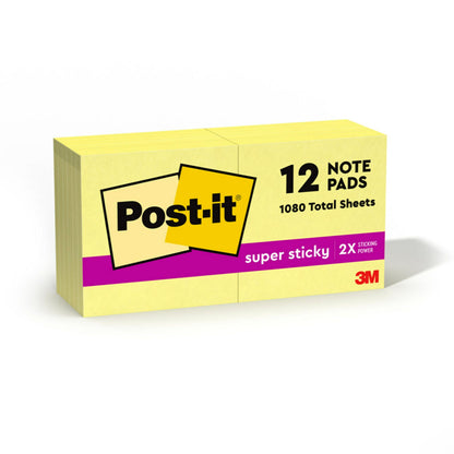 Post-it Super Sticky Notes Canary Yellow, Pack of 12 Pads, 90 Sheets per Pad, 76 mm x 76 mm, Yellow Color - Extra Sticky Notes For Note Taking, To Do Lists & Reminders