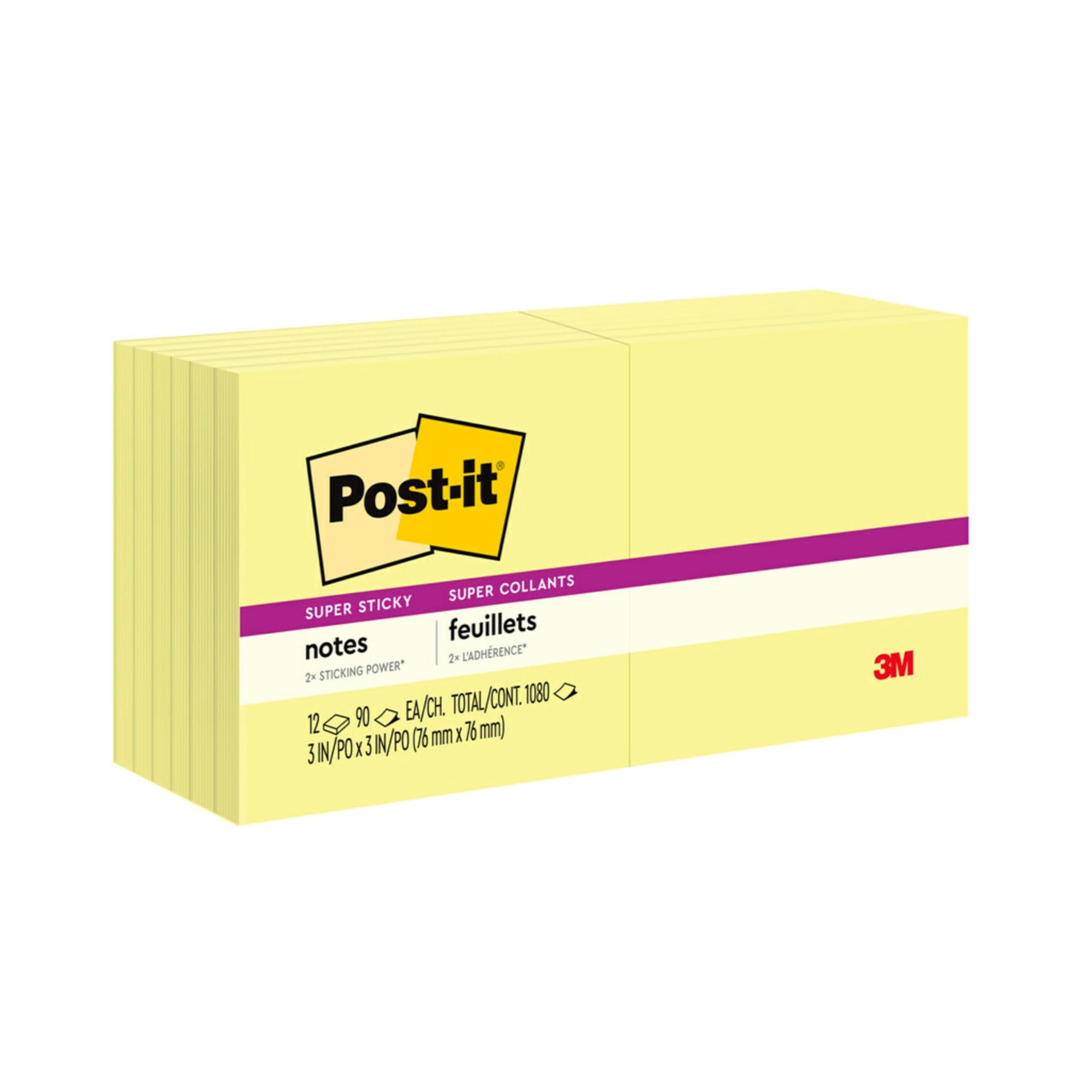 Post-it Super Sticky Notes Canary Yellow, Pack of 12 Pads, 90 Sheets per Pad, 76 mm x 76 mm, Yellow Color - Extra Sticky Notes For Note Taking, To Do Lists & Reminders