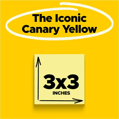 Post-it Super Sticky Notes Canary Yellow, Pack of 12 Pads, 90 Sheets per Pad, 76 mm x 76 mm, Yellow Color - Extra Sticky Notes For Note Taking, To Do Lists & Reminders