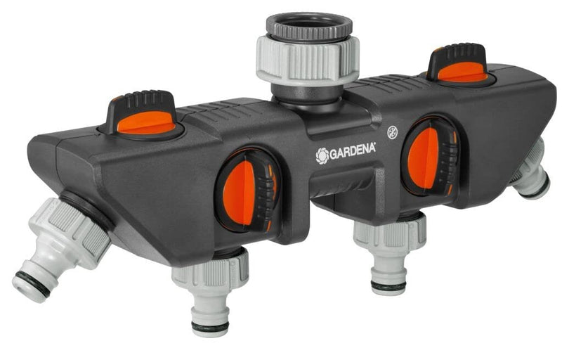 Gardena 08194-20 Four Channel Water Distributor, Connects Up To Four Devices To The Tap, Can Be Used With Gardena Water Computers And Timers, Water Flow Can Be Regulated Or Switched Off, Standard