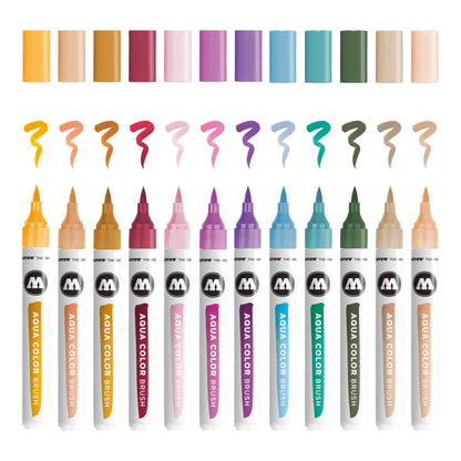 Molotow Aqua Colour Brush (Brush Pen Marker Basic Set 2, Brush Tip for Watercolour and Hand Lettering) 12 Pieces Assorted Case Basic Set 2