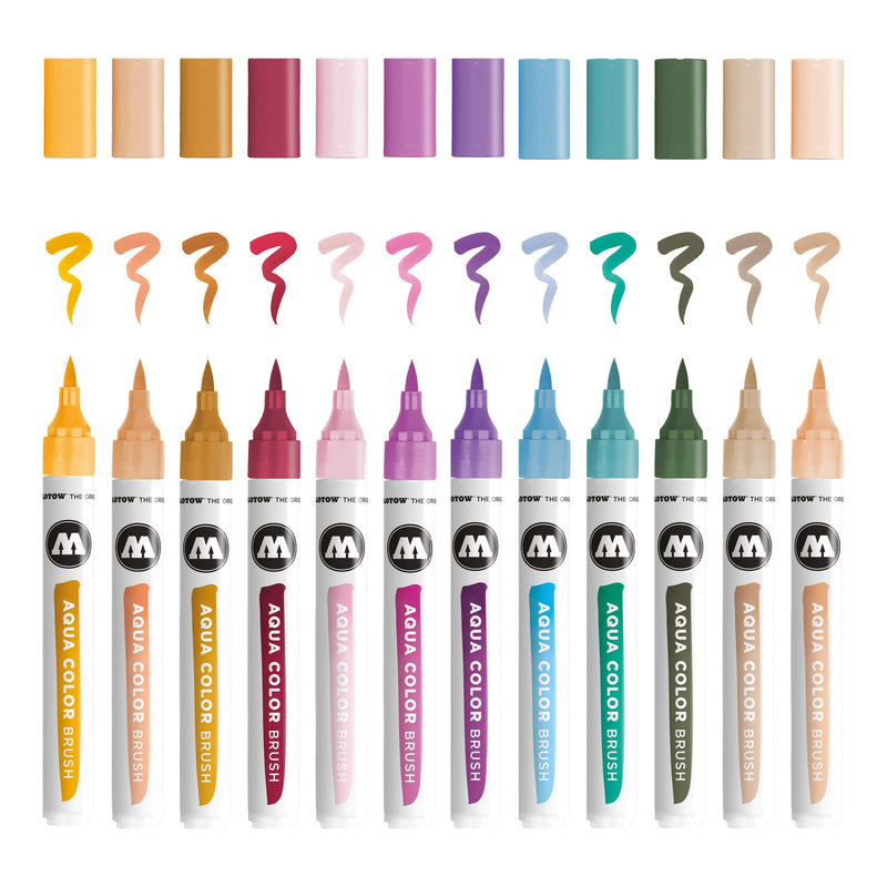 Molotow Aqua Colour Brush (Brush Pen Marker Basic Set 2, Brush Tip for Watercolour and Hand Lettering) 12 Pieces Assorted Case Basic Set 2