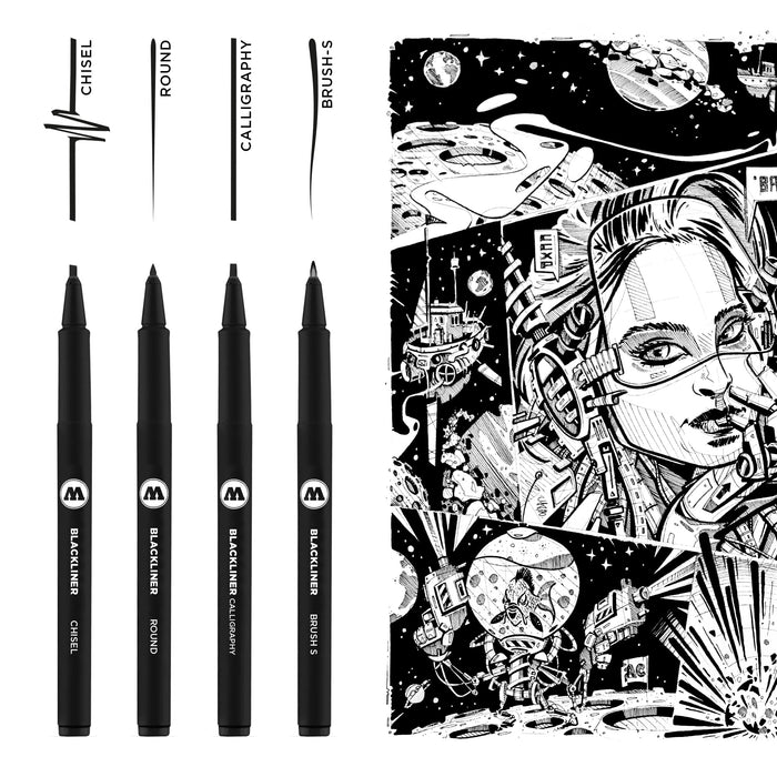 MOLOTOW Blackliner Pen 4-Pen Set 3 - Calligraphy, Chisel, Brush S & Round Tips, 1 Set Each