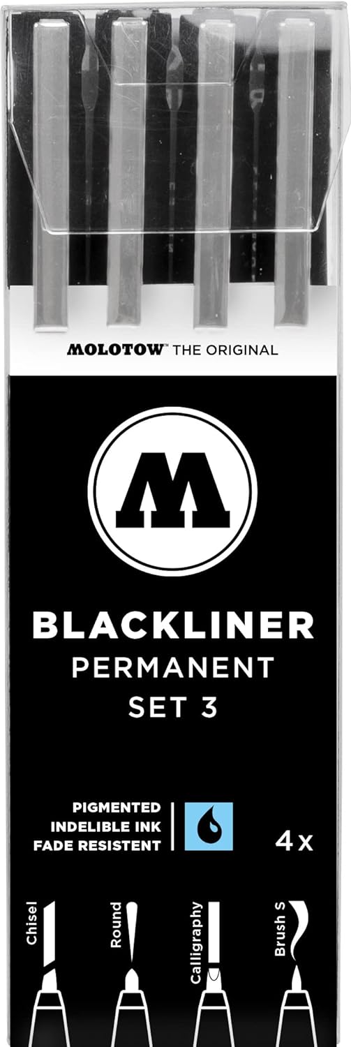 MOLOTOW Blackliner Pen 4-Pen Set 3 - Calligraphy, Chisel, Brush S & Round Tips, 1 Set Each