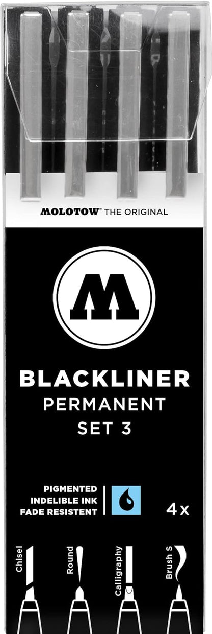 MOLOTOW Blackliner Pen 4-Pen Set 3 - Calligraphy, Chisel, Brush S & Round Tips, 1 Set Each