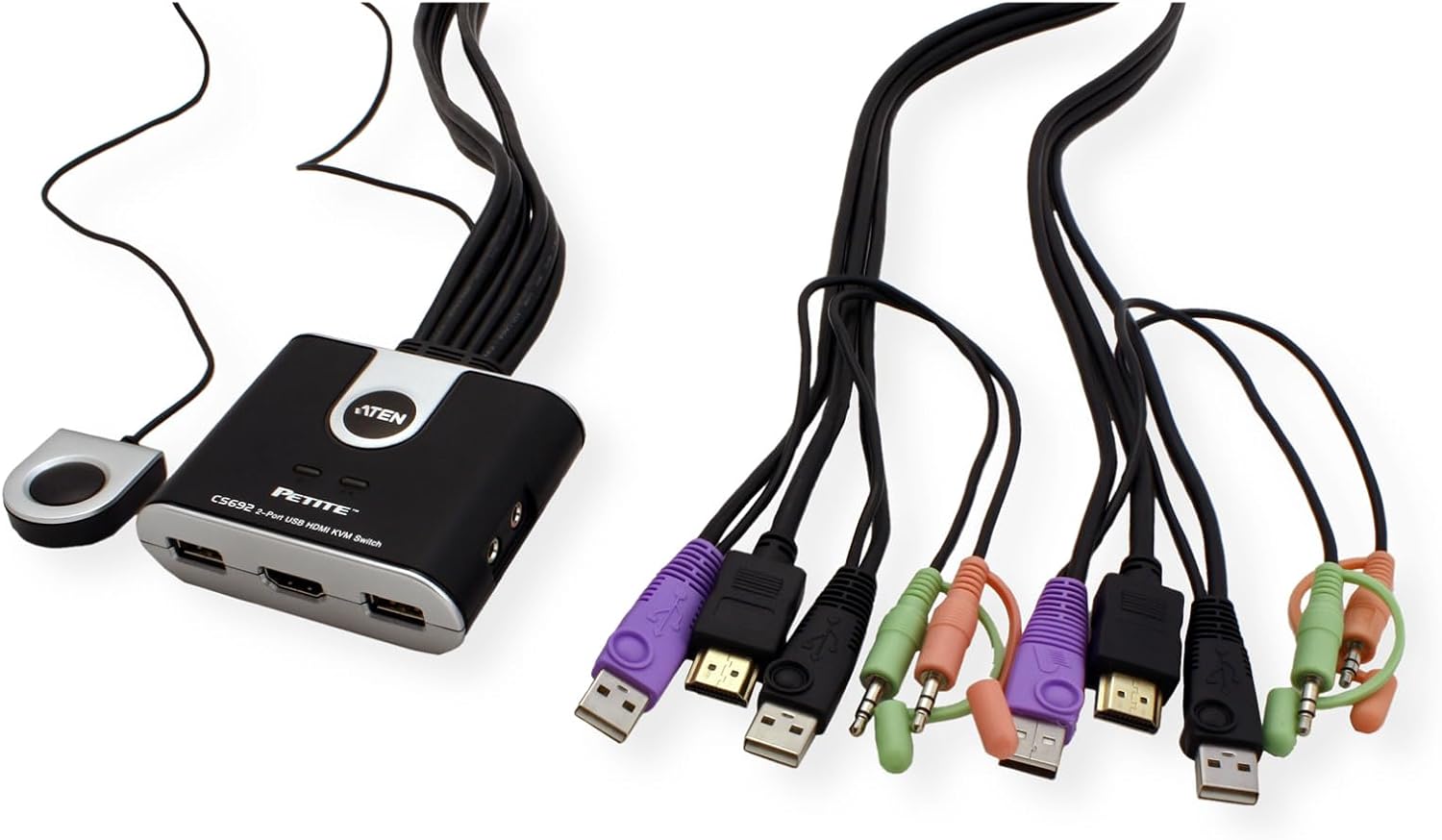 USB HDMI/Audio Cable KVM Switch with Remote Port Selector CS692 ATEN (1920 x 1200 and 1080p) Built-in all-in-one cables (2 x 1.2 m) & bus-powered, computer selection via a remote port selector, hotkey