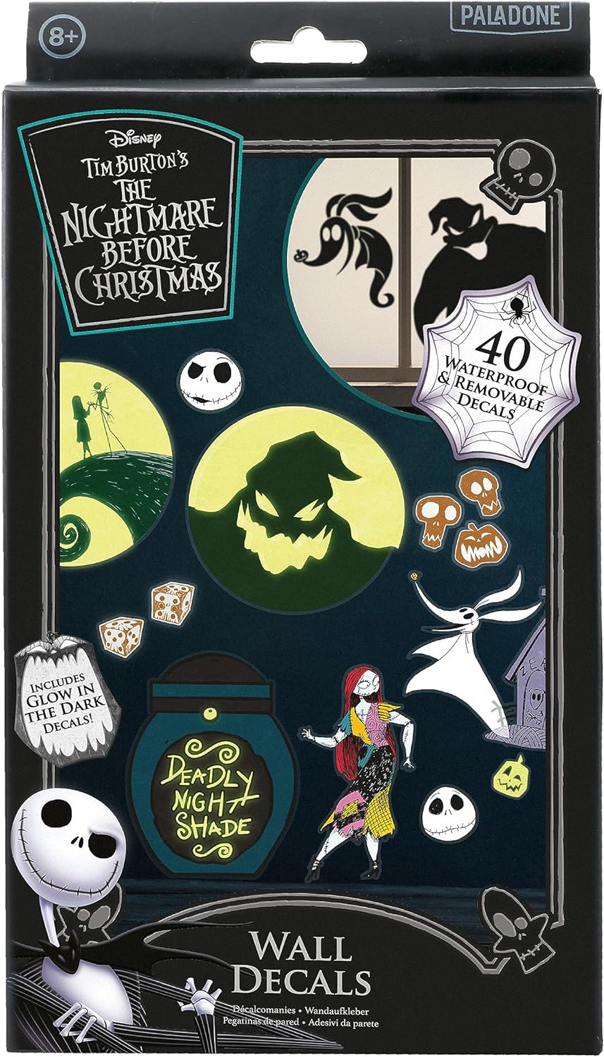 Paladone Disney Nightmare Before Christmas Wall Decals - 40 Unique Spooky Vinyl Decals to Customize Your Walls - Easily Removable and Glow in The Dark