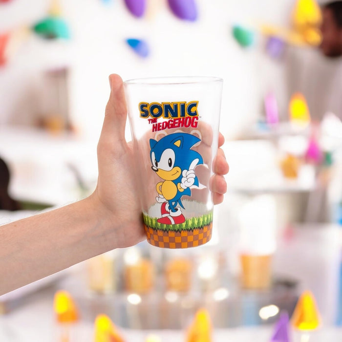 Fizz Creations Sonic The Hedgehog Keyring, Glass and Coaster Gift Set. 3 in 1 Gift Set. 480ml Capacity Drinking Glass. Officially Licensed Retro Games Sonic The Hedgehog Merchandise.