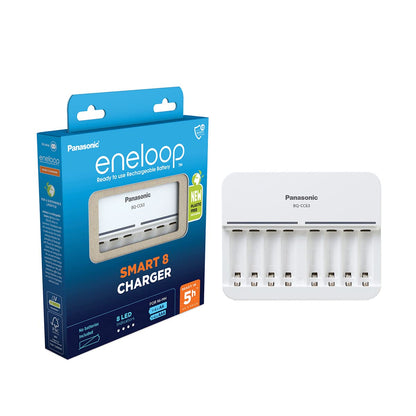 Panasonic eneloop Smart 8 Charger for 1-8 AA/AAA NI-MH Batteries with 8 LED-Indicators and 9 Security Functions, Blue Premium charger for 1-8 batteries Single