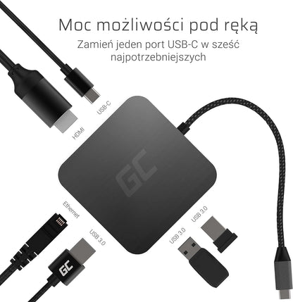 Green Cell Adapter Dockstation GC® USB-C HUB 6 im 1 3X USB 3.0, HDMI 4K, Ethernet, USB-C mit Power Delivery 87W für MacBook Pro 13/15, Dell XPS 13/15 kompatibel mit Samsung DeX