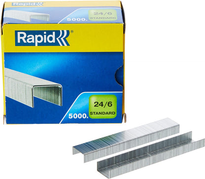 Rapid 24/6mm Standard Staples, For Stapling up to 20 Sheets, Use with Desktop and Electric Staplers, Galvanised Wire, Box of 5000, 24859800