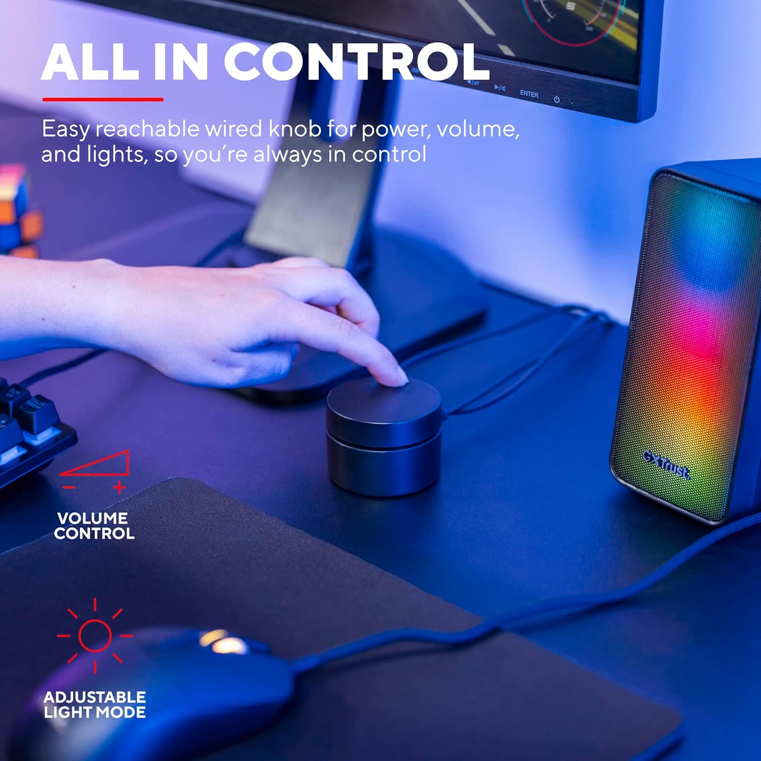 Trust Gaming GXT 611 Wezz PC Speakers 2.0 with RGB Lighting, 12W (6W RMS), LED Lights, Volume Control, AUX and USB Cable, Stereo Computer Speakers for Gaming Setup, Desktop, Laptop - Black
