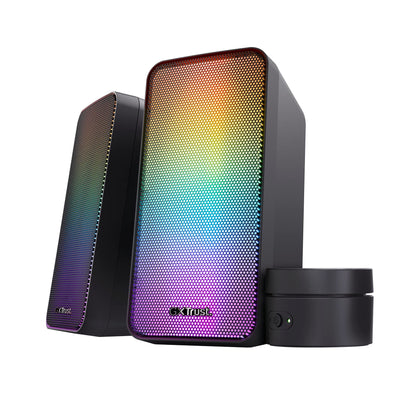 Trust Gaming GXT 611 Wezz PC Speakers 2.0 with RGB Lighting, 12W (6W RMS), LED Lights, Volume Control, AUX and USB Cable, Stereo Computer Speakers for Gaming Setup, Desktop, Laptop - Black