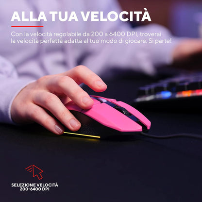 Trust Gaming GXT 109P Felox Gaming Mouse with 6 Programmable Buttons, Advanced Software, Multicolour LED Lighting, 200-6400 DPI, 1.5m USB Cable, RGB Computer Mouse for PC, Laptop, Windows - Pink Wired Pink