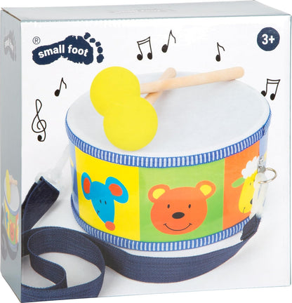 small foot 3315 childrens drum musical toy with colorful animal motives, carrying straps and wooden drumsticks