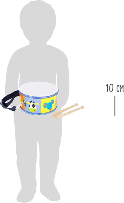 small foot 3315 childrens drum musical toy with colorful animal motives, carrying straps and wooden drumsticks