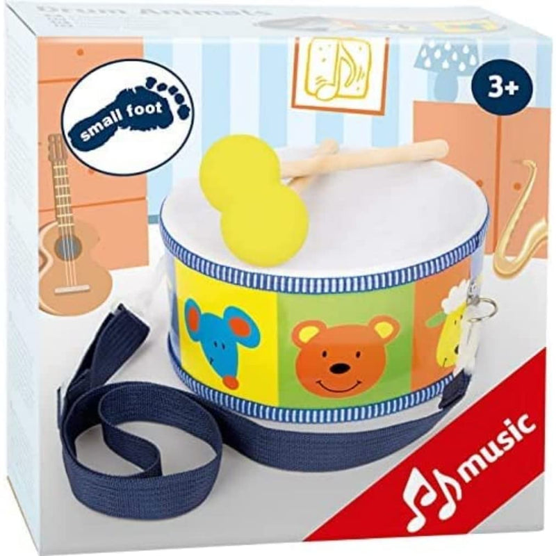small foot 3315 childrens drum musical toy with colorful animal motives, carrying straps and wooden drumsticks