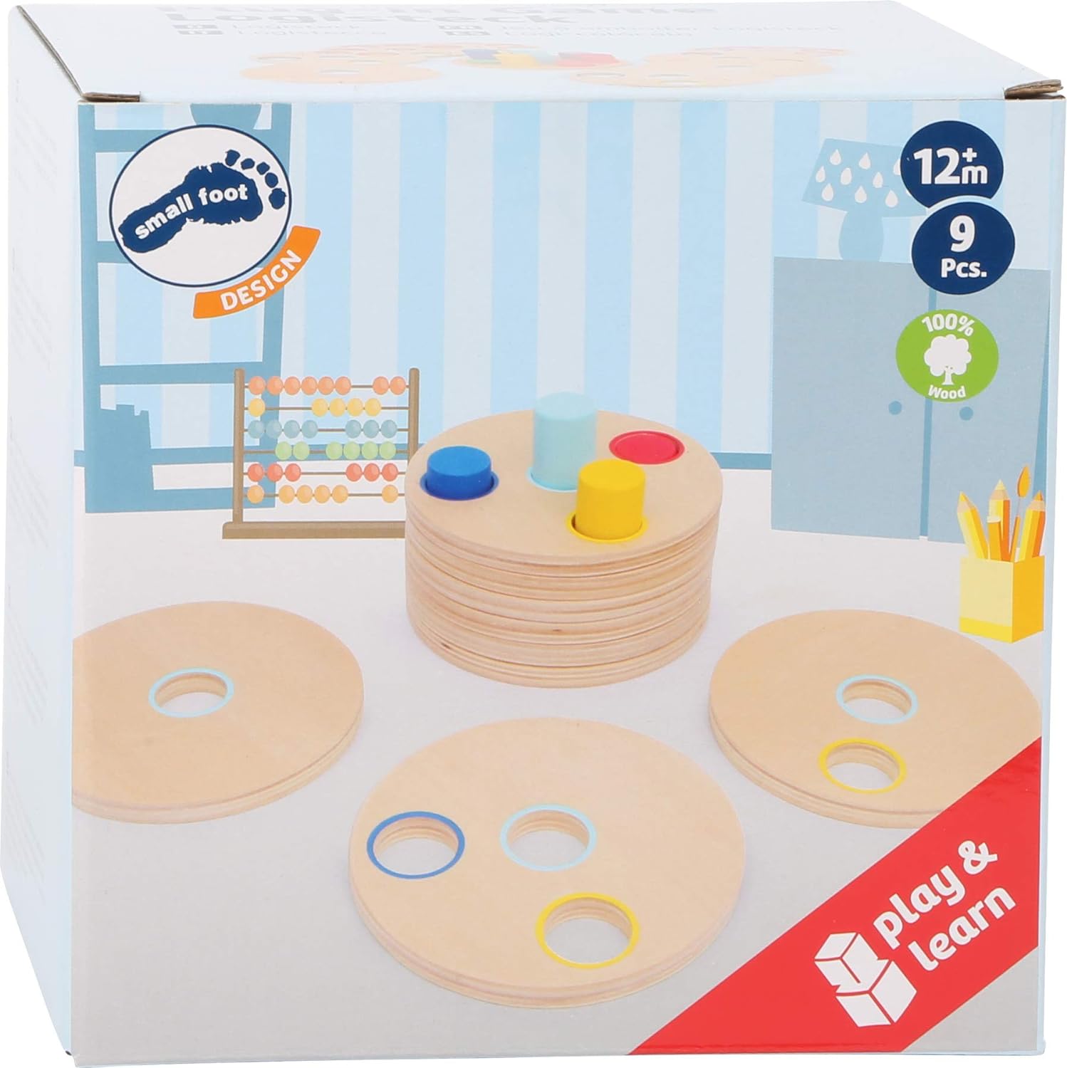 small foot 3386 Puzzle game "Logistack" made of wood, 8 discs and coloured sticks on a base board, from 1,5 years old