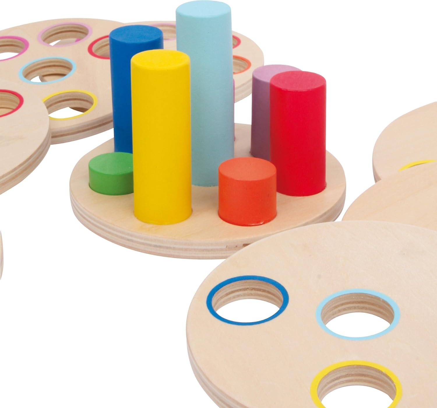 small foot 3386 Puzzle game "Logistack" made of wood, 8 discs and coloured sticks on a base board, from 1,5 years old