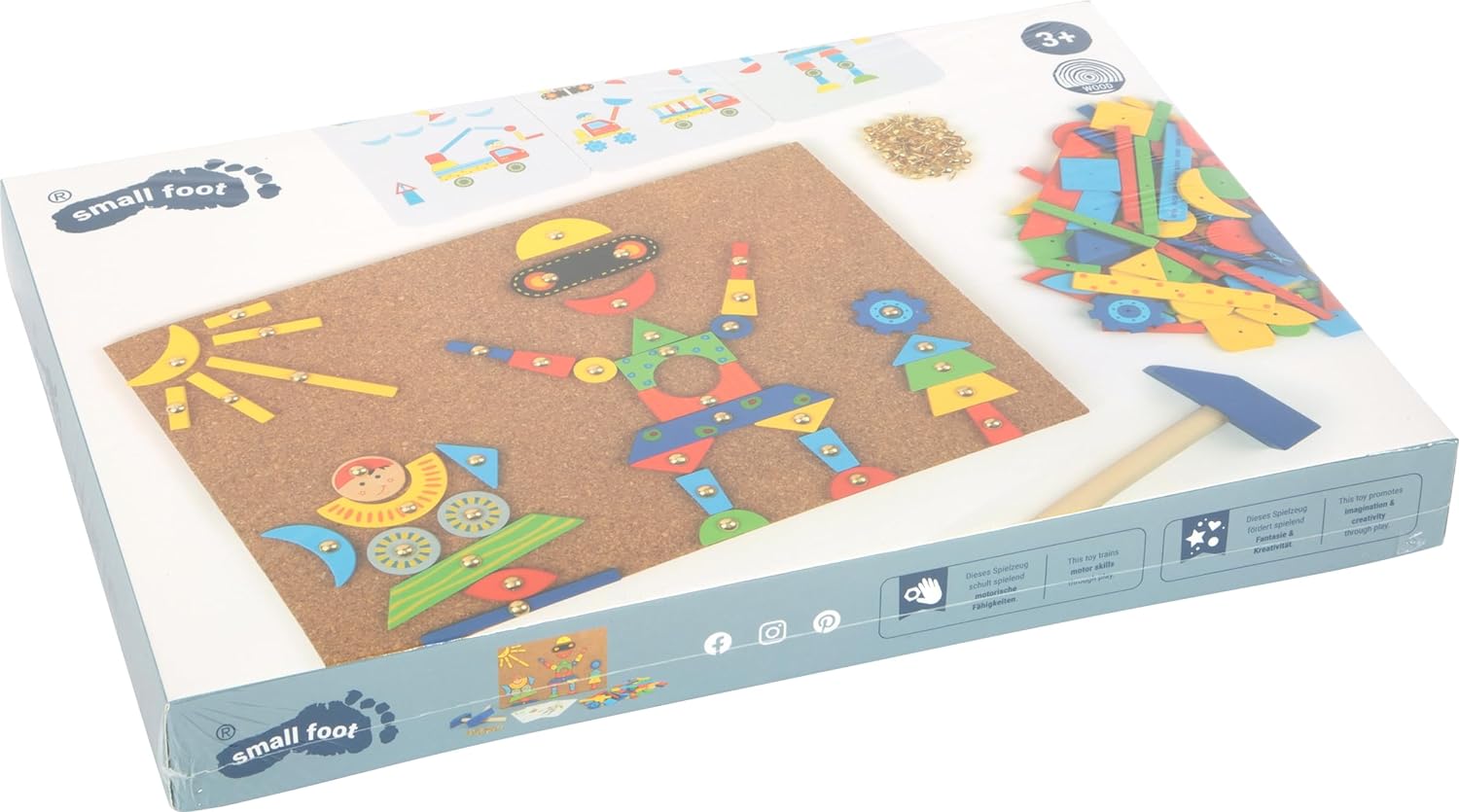 Small Foot 3944 Little Game Made of Cork, incl. 2 Hammers, 100 pins & 126 Colourful Wood Pieces, for Creative Fun, Ages 6 Play, Multicolor