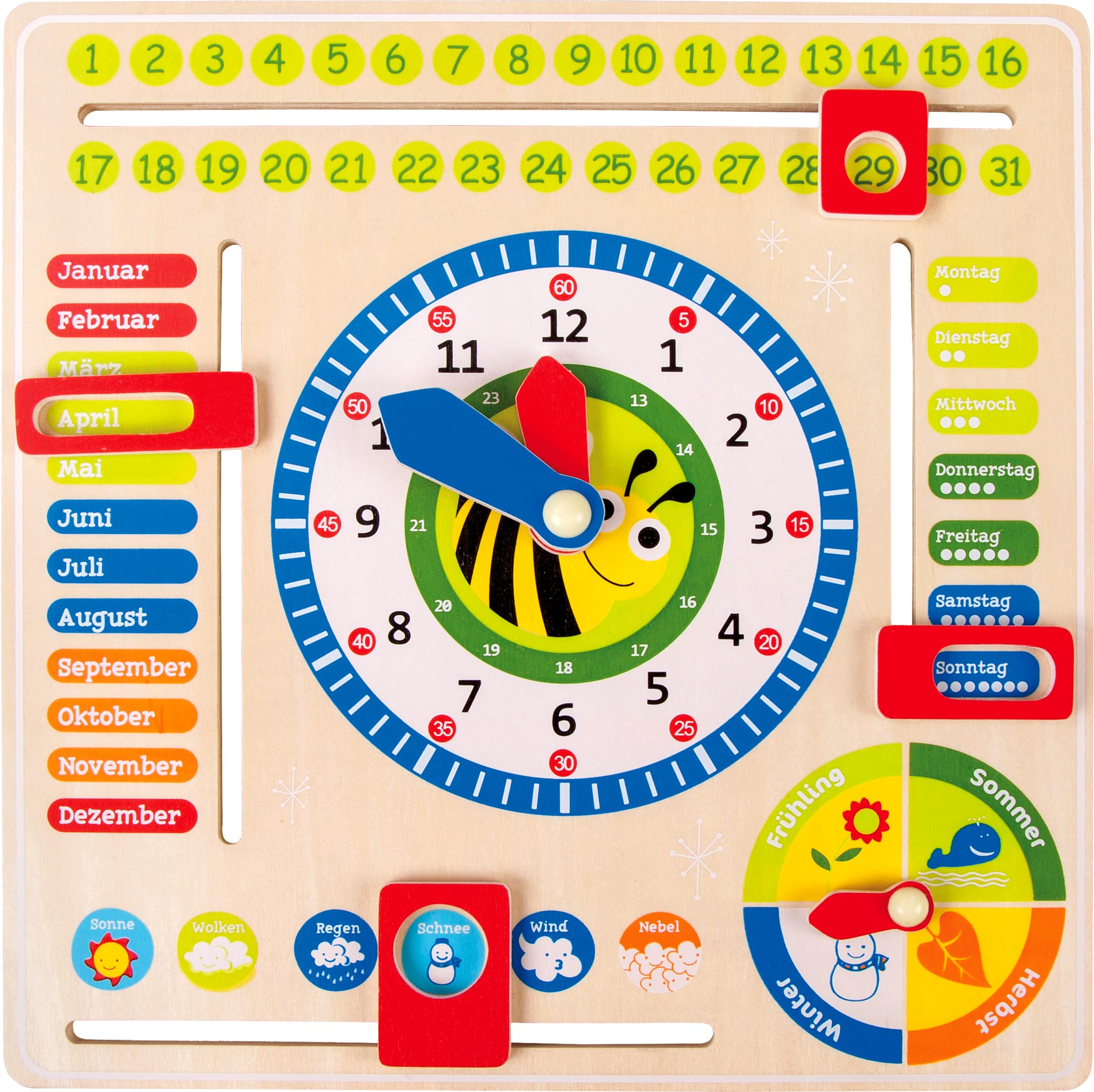 small foot 4765 wooden learning clock "busy bee", learning board for date, time and seasons