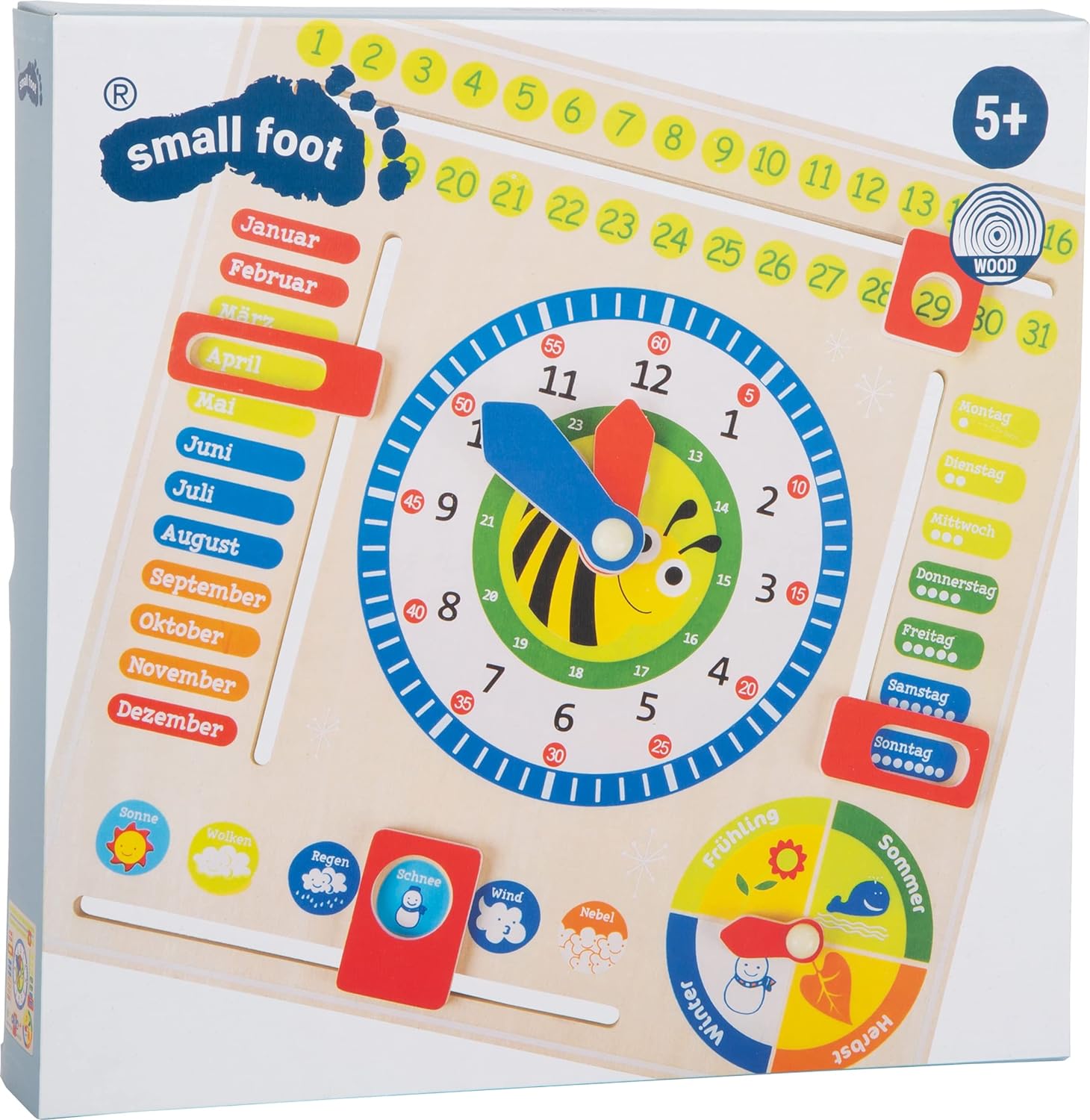 small foot 4765 wooden learning clock "busy bee", learning board for date, time and seasons
