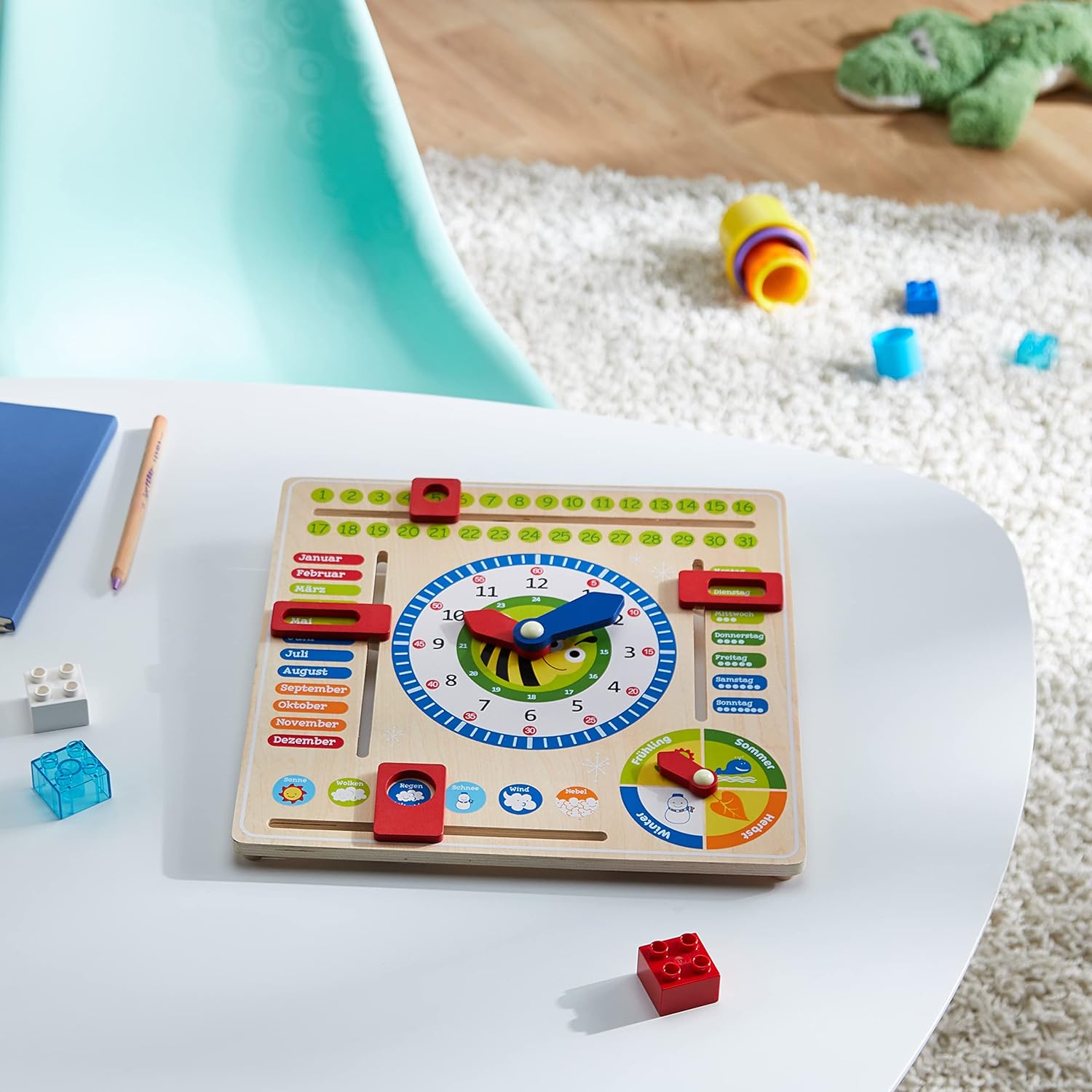 small foot 4765 wooden learning clock "busy bee", learning board for date, time and seasons