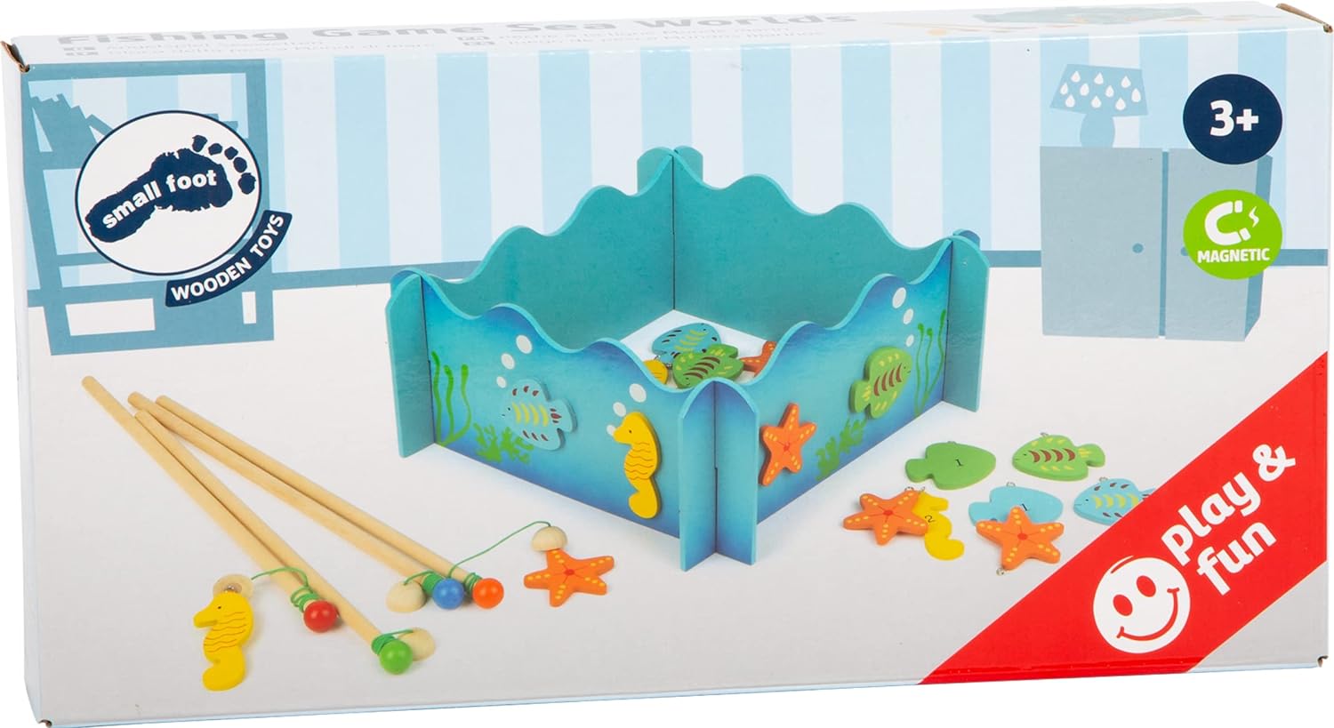 small foot 8196 Fishing game Ocean life made of wood, magnetic game with fishing pool, four fishing rods and fish