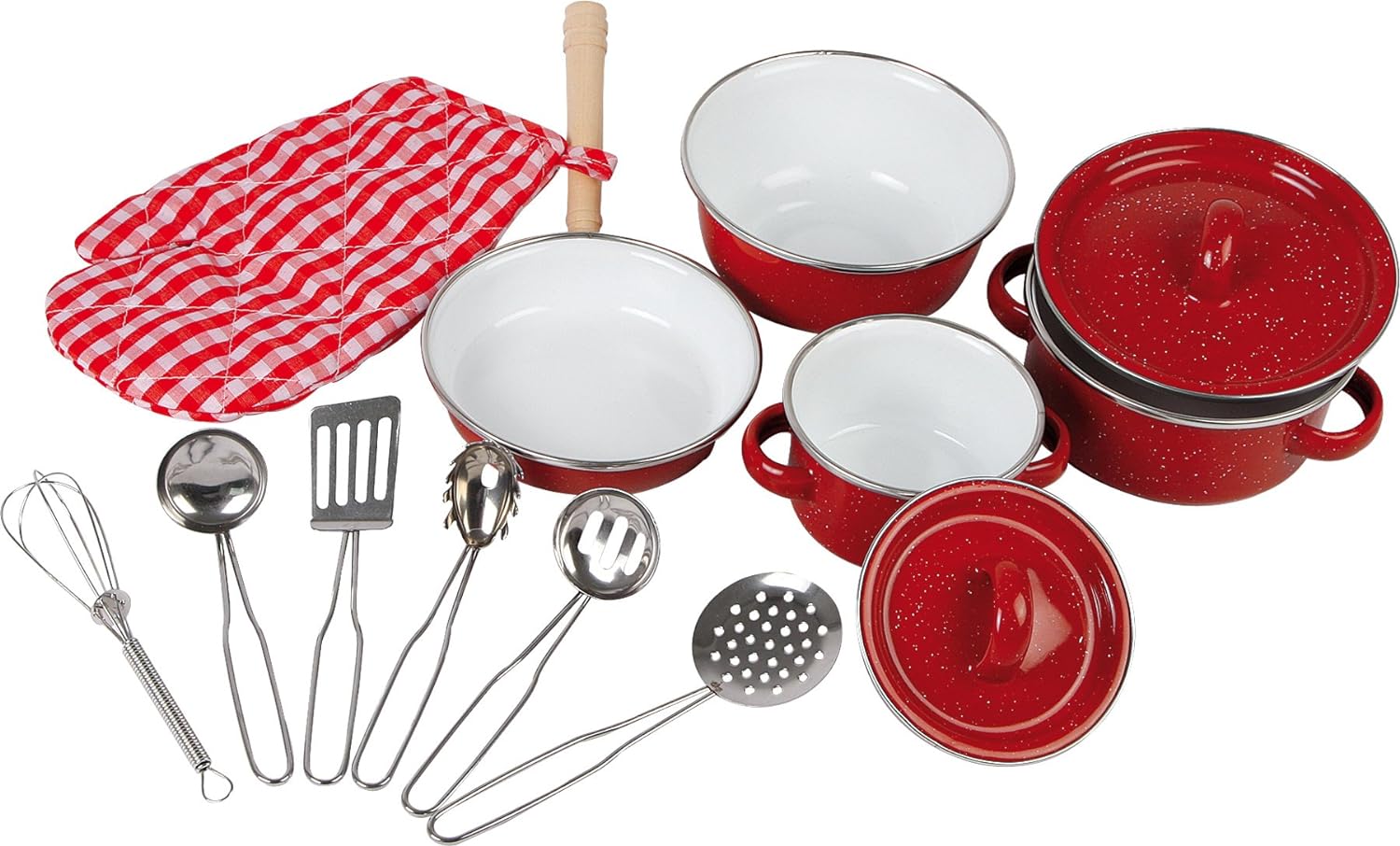 small foot 8964 Metal cookware, for children's kitchens, incl. gloves and kitchen utensils, 13 pcs., from 3 years old