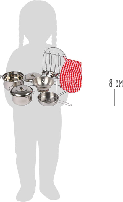 Childrens Toy Metal Cooking Pots, Pans, Oven Glove & Utensils Set