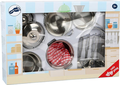 Childrens Toy Metal Cooking Pots, Pans, Oven Glove & Utensils Set