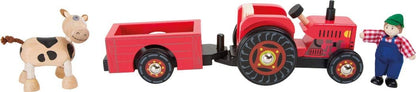 Small Foot 10316 Tractor de Madera con Granja de Remolque, con Figuras de Agricultor y Vaca doblando y Ruedas de Goma, para Mayores de 3 años