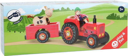 Small Foot 10316 Tractor de Madera con Granja de Remolque, con Figuras de Agricultor y Vaca doblando y Ruedas de Goma, para Mayores de 3 años