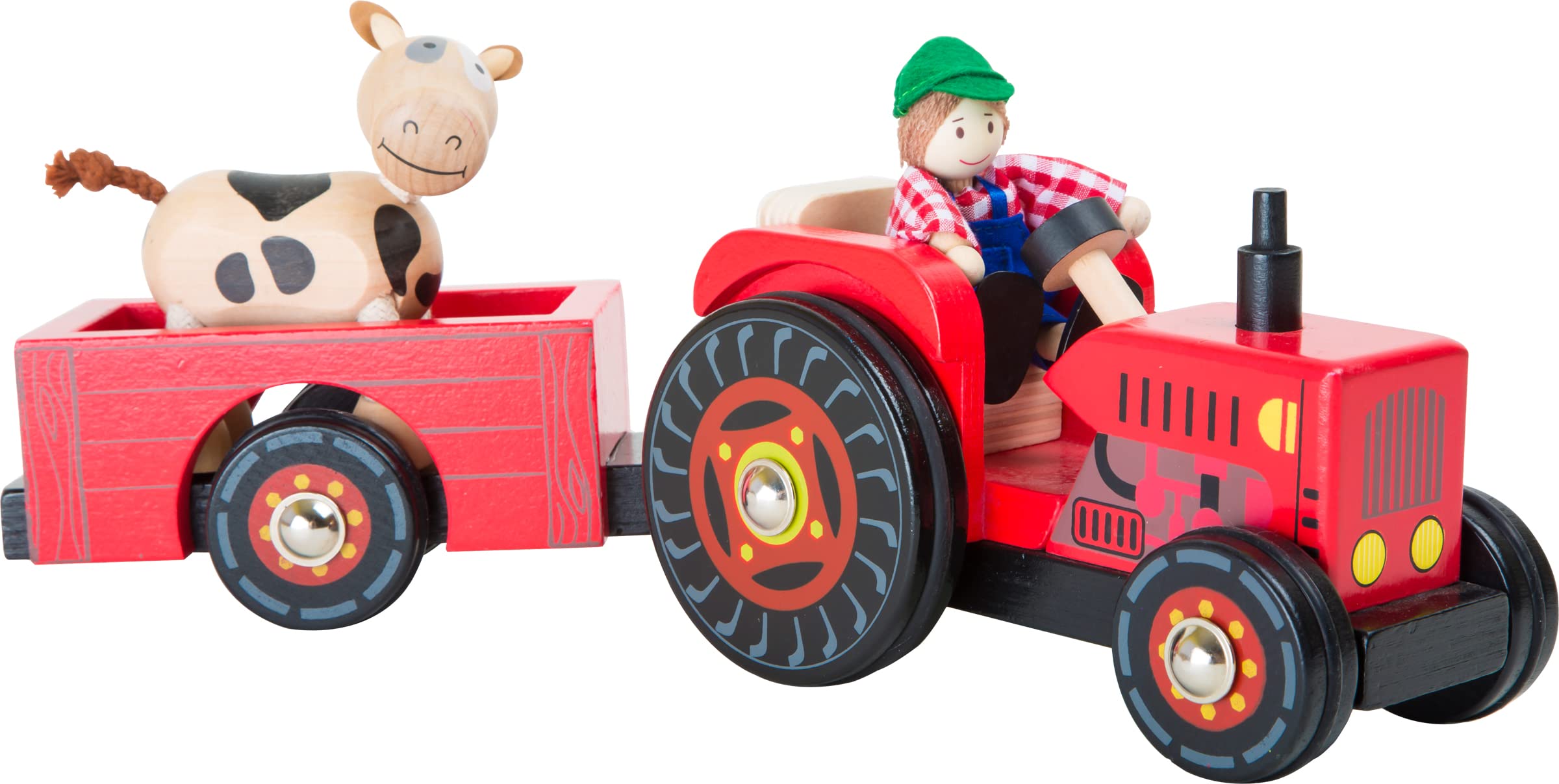 Small Foot 10316 Tractor de Madera con Granja de Remolque, con Figuras de Agricultor y Vaca doblando y Ruedas de Goma, para Mayores de 3 años