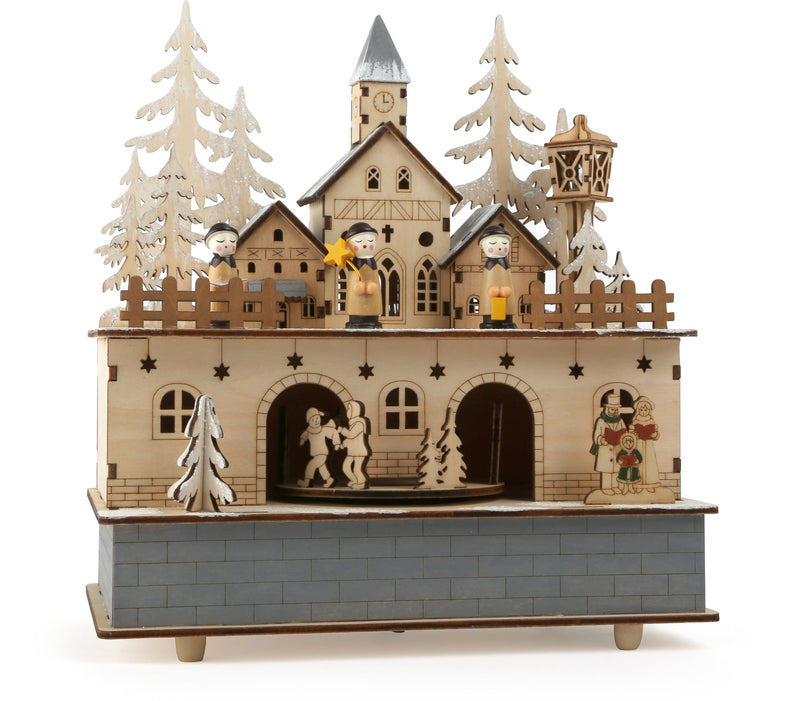 Small Foot Little Village Music Box and Lamp, Wood, Nature, 24 x 21 x 11 cm