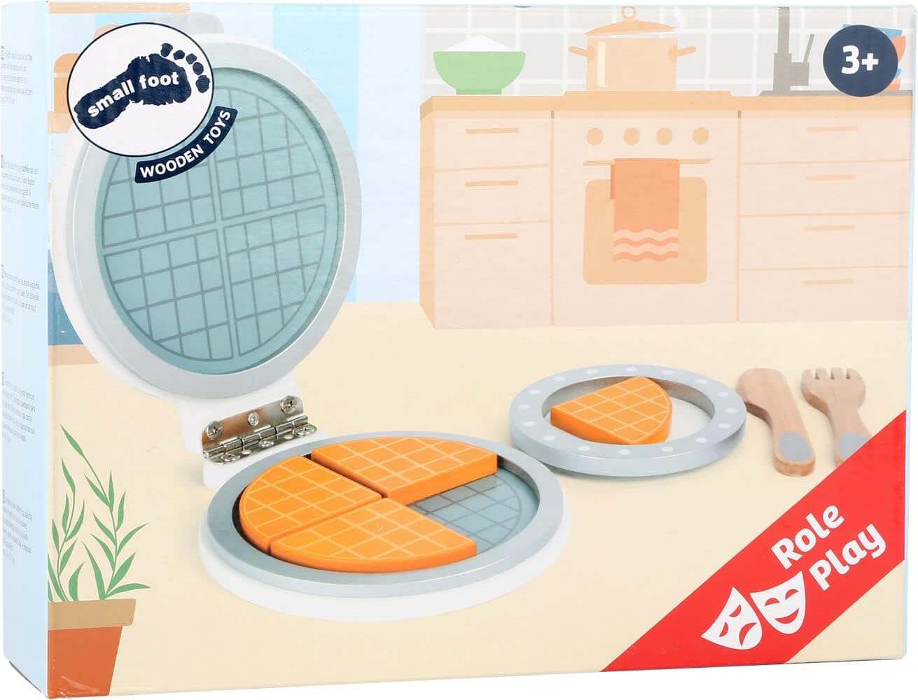small foot 10592 wooden waffle iron for children's kitchen, to open with space for four waffle pieces, from 3 years