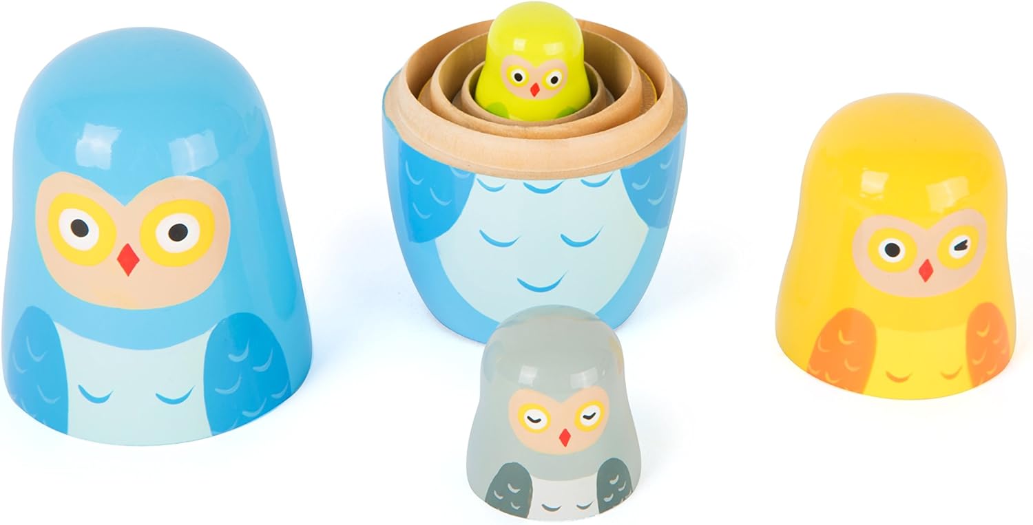 Small Foot 10620 Matrjoschka Owl Figures made of Wood in Four Different sizes and Colours, Teaches hand-eye Coordination and is Suitable as A Decoration Owls Matryoshka