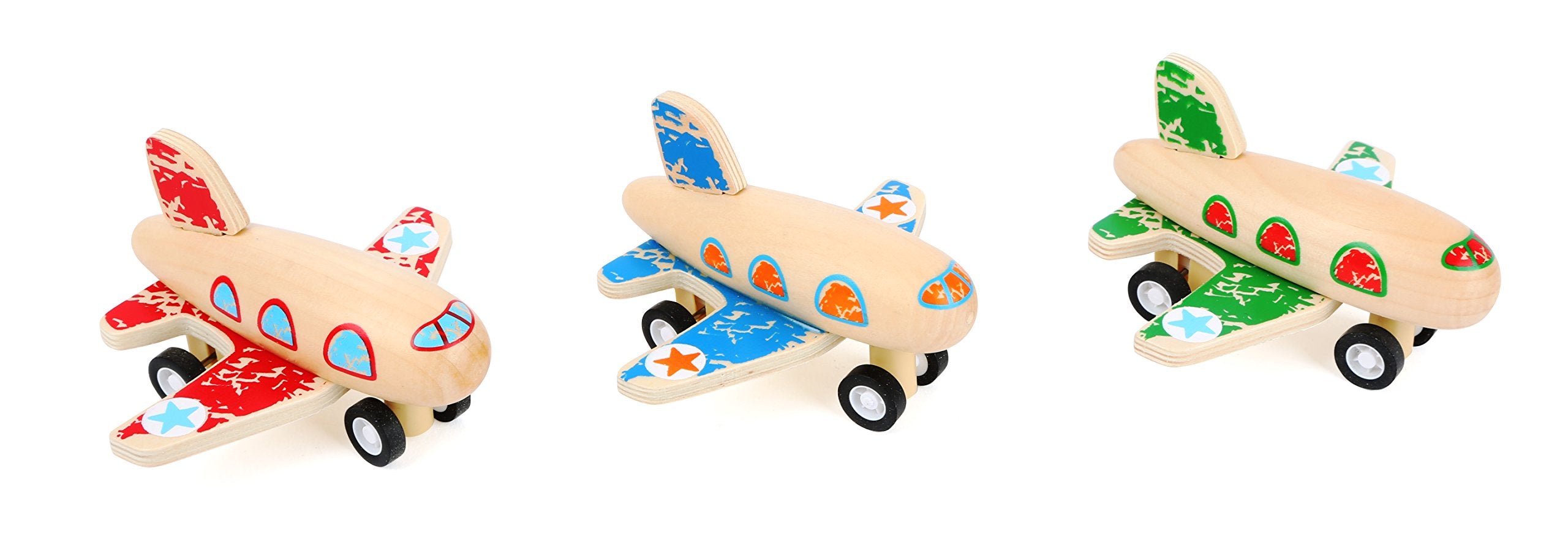 Small Foot 10688 Wooden Along Airplane Three Different Versions, Stable Rubber Tyres with Pull-Back Mechanism