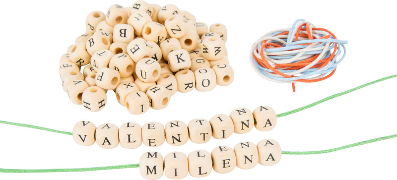small foot 10713 Letter cubes made of natural wood for threading, different colored ribbons, promotes creativity and teaches spelling