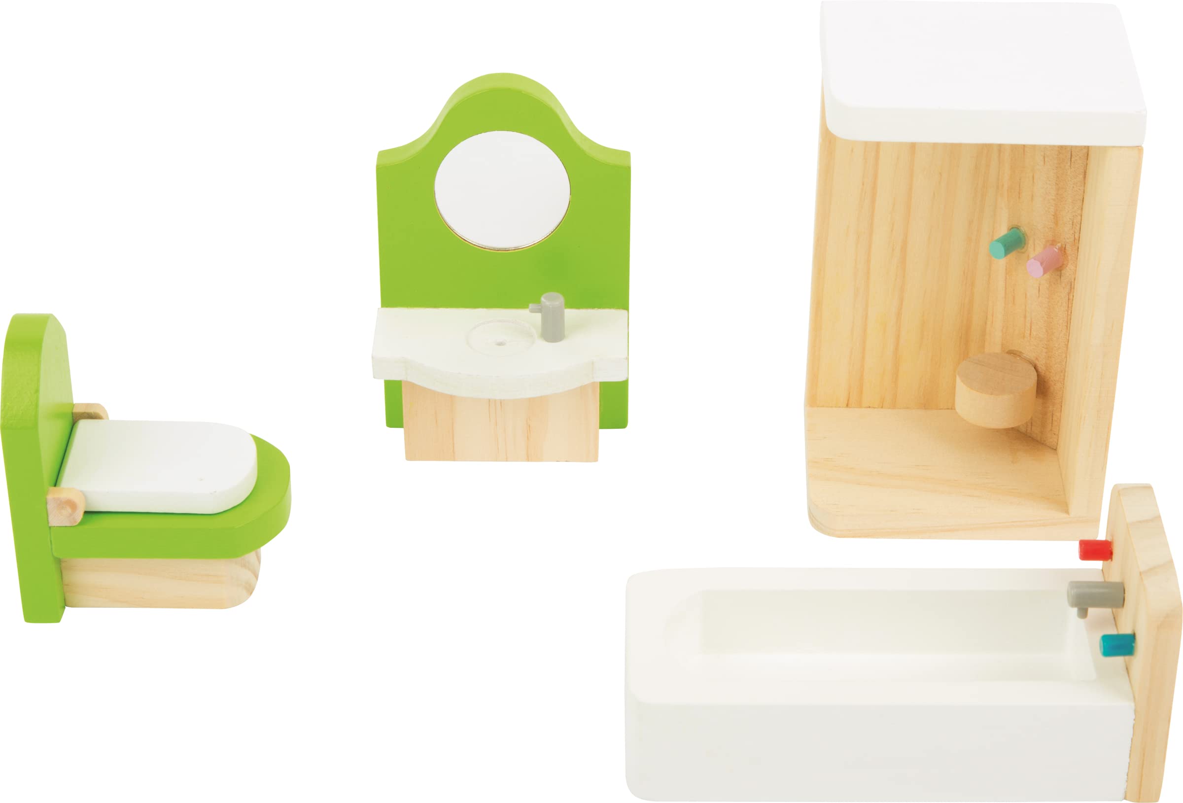Small Foot 10872 Wooden Furniture for The Bathroom in a Dollhouse, Including a wash Stand, Bath, Shower and Toilet, Suitable for Bending, Ideal Doll Accessories for Children from 3 Years and up