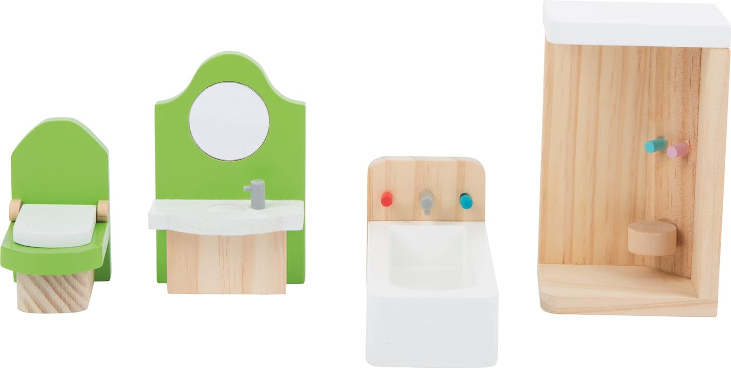 Small Foot 10872 Wooden Furniture for The Bathroom in a Dollhouse, Including a wash Stand, Bath, Shower and Toilet, Suitable for Bending, Ideal Doll Accessories for Children from 3 Years and up