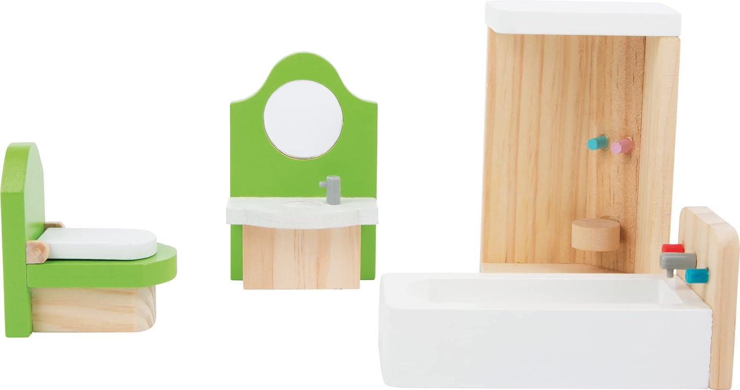 Small Foot 10872 Wooden Furniture for The Bathroom in a Dollhouse, Including a wash Stand, Bath, Shower and Toilet, Suitable for Bending, Ideal Doll Accessories for Children from 3 Years and up