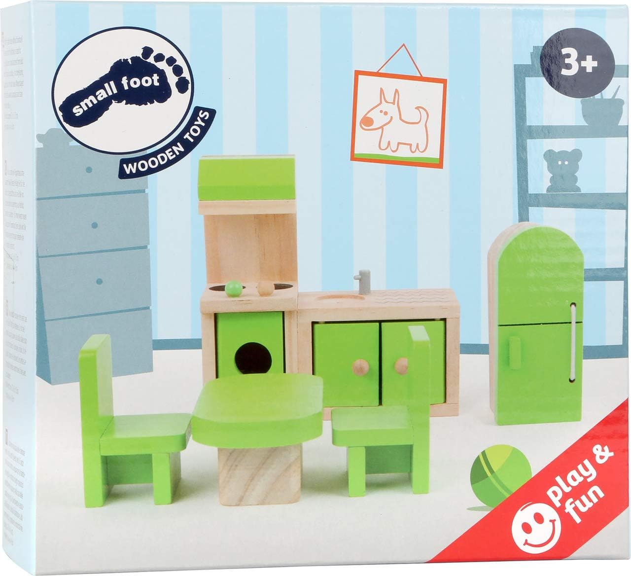 Small Foot 10873 Wooden Furniture Dollhouse, incl. Fridge, Kitchen Unit, Table and Chairs, Suitable for Bending, Ideal Doll Accessories for Children from 3 Years and up