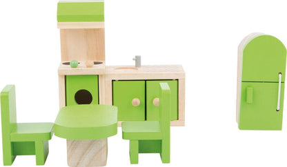 Small Foot 10873 Wooden Furniture Dollhouse, incl. Fridge, Kitchen Unit, Table and Chairs, Suitable for Bending, Ideal Doll Accessories for Children from 3 Years and up