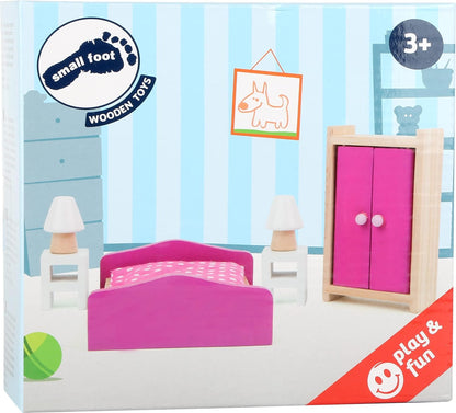 Small Foot 10874 Wooden Furniture for The Living Room in The Dollhouse, incl. Double Bed, Bedside Tables, Lamps and Wardrobe, Suitable, Ideal Doll Accessories for Children from 3 Years and up