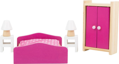 Small Foot 10874 Wooden Furniture for The Living Room in The Dollhouse, incl. Double Bed, Bedside Tables, Lamps and Wardrobe, Suitable, Ideal Doll Accessories for Children from 3 Years and up