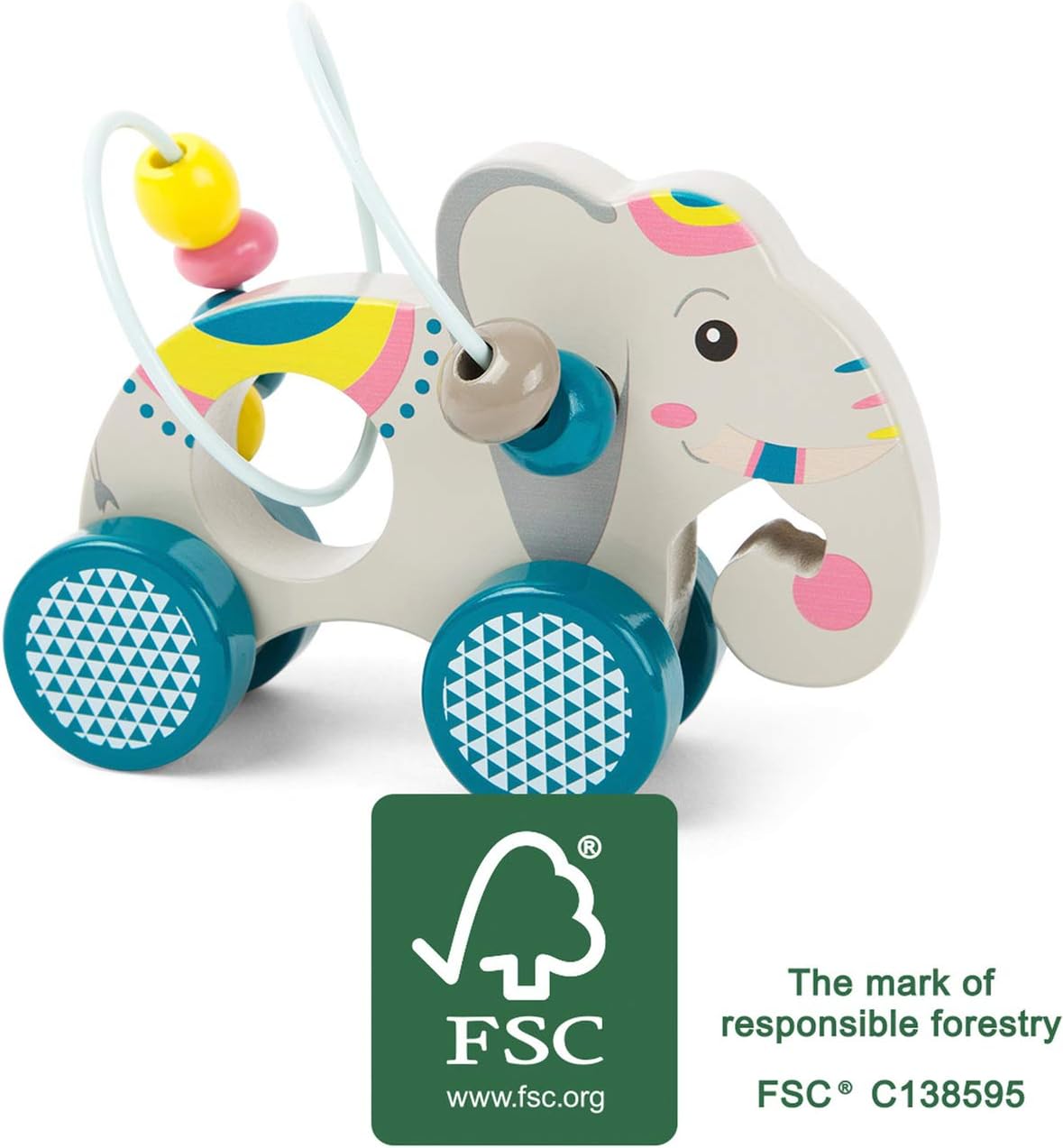 Small Foot Animal with Bead Maze FSC 100%-certified, ages 11088 Push-along elephant Jungle made of wood, with motoric loop and colorful design, from 12 months, orange Motor skills bow elephant