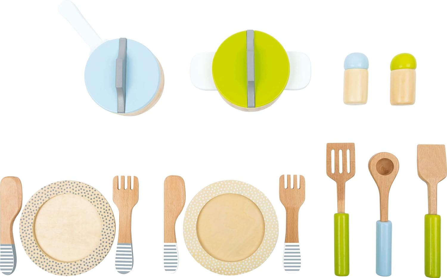 small foot wooden toys- Premium 15 Piece Kitchen Playset- Cooking and Dining Set Includes Pots, Plates and Utensils- Ideal for Toddlers 2+, Multi, (11098