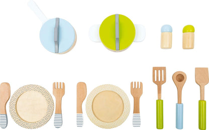 small foot wooden toys- Premium 15 Piece Kitchen Playset- Cooking and Dining Set Includes Pots, Plates and Utensils- Ideal for Toddlers 2+, Multi, (11098