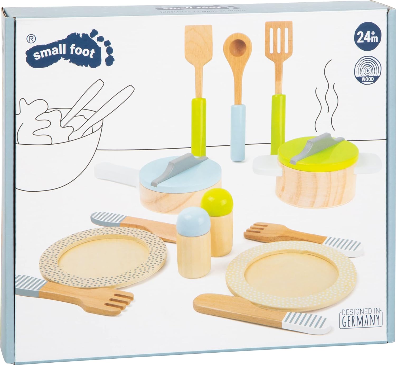 small foot wooden toys- Premium 15 Piece Kitchen Playset- Cooking and Dining Set Includes Pots, Plates and Utensils- Ideal for Toddlers 2+, Multi, (11098